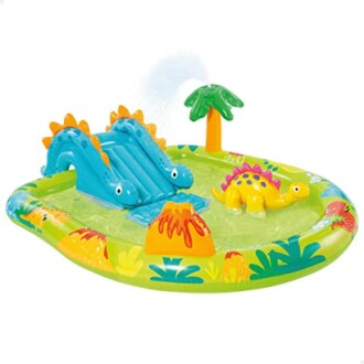 Piscine gonflable pour enfants avec toboggan dinosaure.