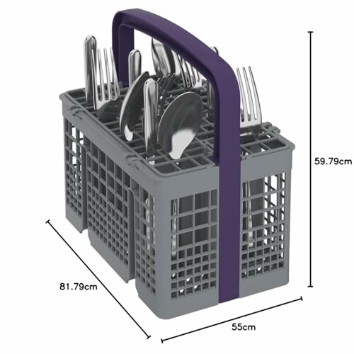 Panier à couverts pour lave-vaisselle avec poignées violettes.