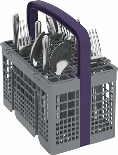 Panier à couverts pour lave-vaisselle avec fourchettes et cuillères.