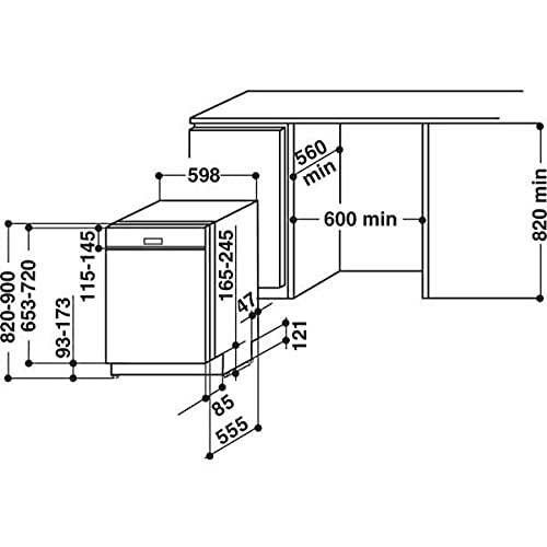 Diagramme avec les dimensions d'un lave-vaisselle intégré.