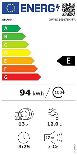 Étiquette énergétique d'un lave-vaisselle avec classe E, consommation de 94 kWh, 12 litres d'eau.