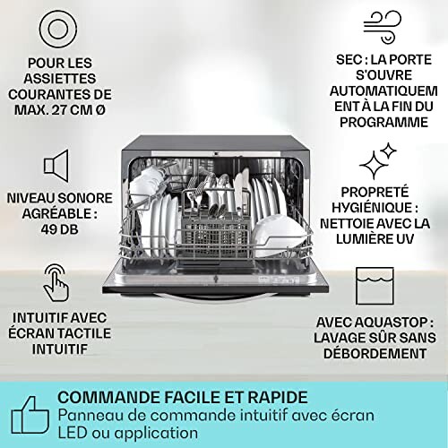 Lave-vaisselle ouvert montrant des assiettes et des caractéristiques.