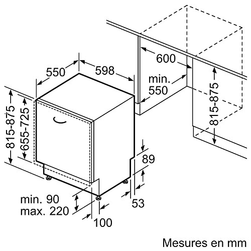 Schéma d'installation d'un lave-vaisselle avec dimensions
