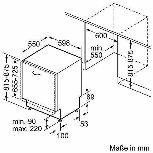 Diagramme d'installation du lave-vaisselle avec mesures en millimètres.