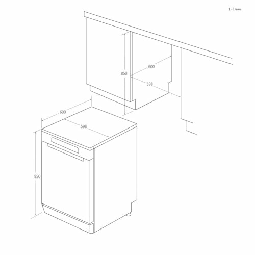 Schéma d'installation d'un lave-vaisselle sous un plan de travail.