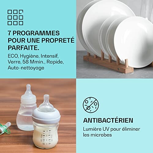 Programme de lave-vaisselle avec lumière UV antibactérienne et options variées.