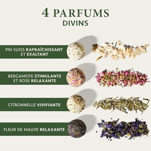 Quatre boules de parfum aux ingrédients naturels décrits.