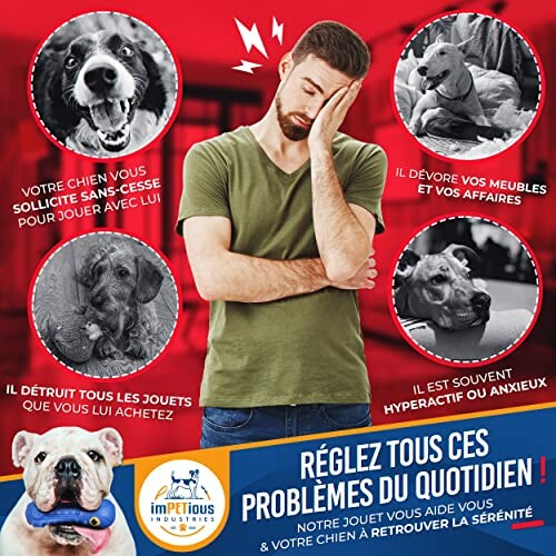 Homme stressé avec jouet pour chien, solution aux problèmes de comportement.