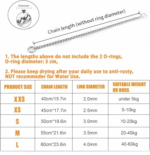 Guide des tailles de chaînes pour chiens avec longueurs et poids appropriés.