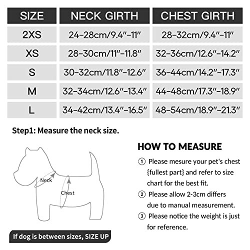 Guide des tailles pour vêtements de chien avec instructions de mesure.