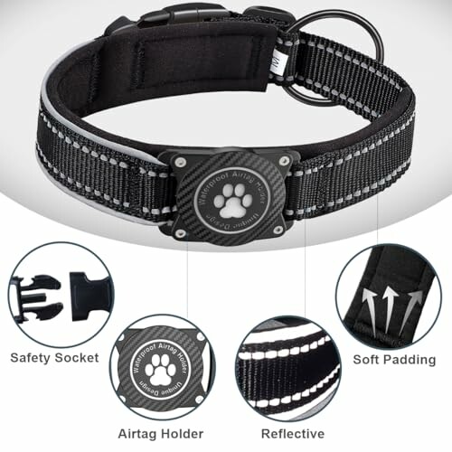 Collier pour chien avec support Airtag et éléments réfléchissants.