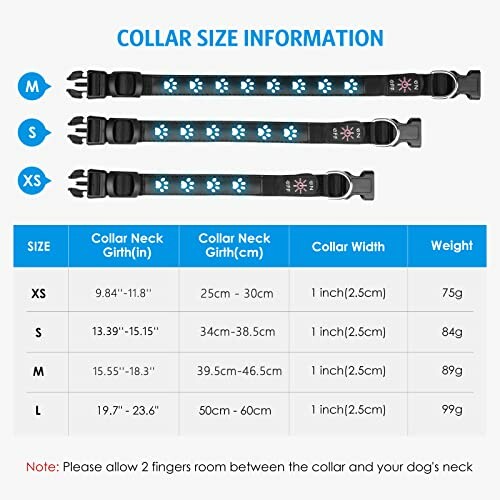 Guide des tailles pour colliers de chien avec mesures en pouces et centimètres