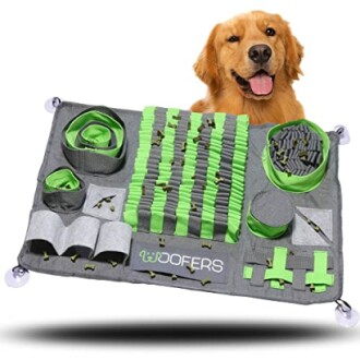 Chien heureux avec un tapis de stimulation mentale.