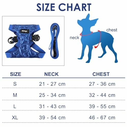 Tableau des tailles de harnais pour chien avec guide de mesures.