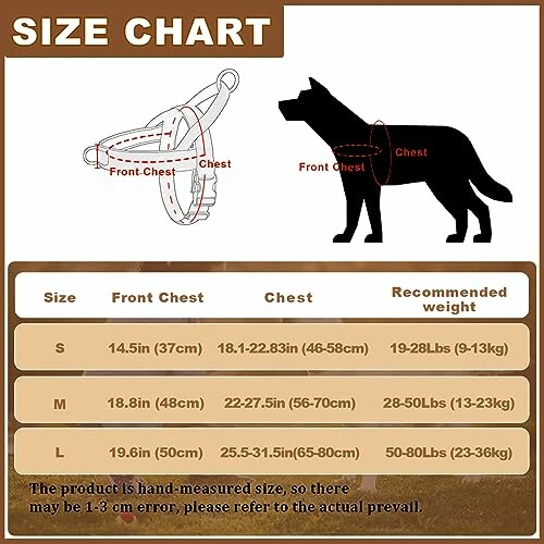 Tableau des tailles pour harnais de chien avec mesures et poids recommandés.