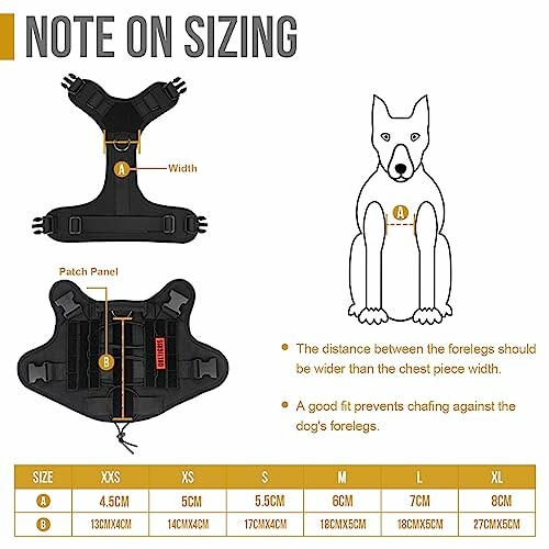 Guide de taille pour harnais de chien avec tableau des mesures.