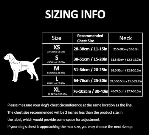 Tableau des tailles pour les chiens avec mesures du torse et du cou.