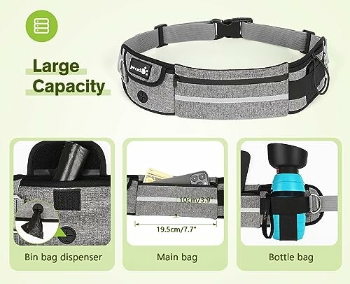 Ceinture pour chien avec grande capacité et distributeur de sacs.