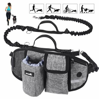 Ceinture de marche pour chien avec laisse et poches de rangement.