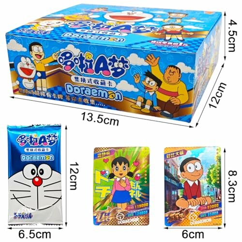 Boîte de jeu de cartes Doraemon avec emballage et cartes illustrées.