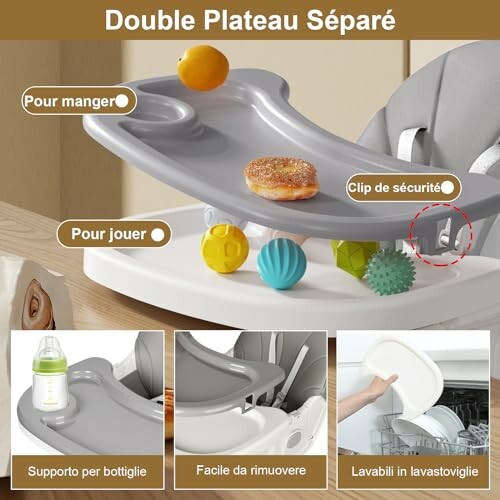 Chaise haute pour bébé avec double plateau séparé, accessoires pour manger et jouer.