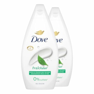 Deux bouteilles de gel douche Dove Fraîcheur.