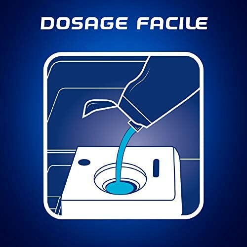 Illustration de dosage facile avec un liquide bleu versé dans un récipient blanc.