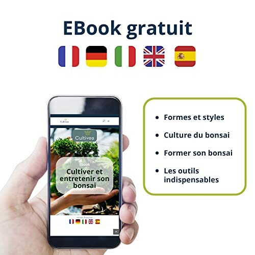 Téléphone affichant un ebook gratuit sur le bonsaï avec des drapeaux de différents pays.