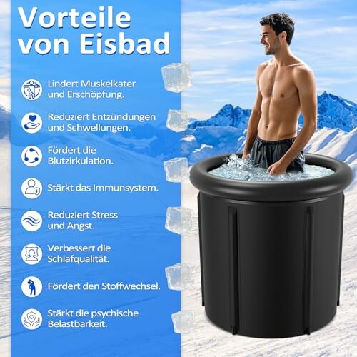 Homme dans un bain de glace avec avantages listés.