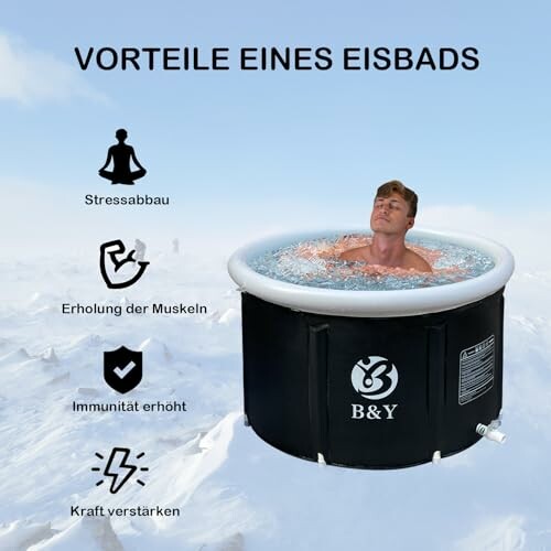 Homme dans un bain de glace avec des avantages listés.
