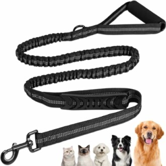 Laisse élastique noire pour chien avec poignée, adaptée aux chiens et chats.