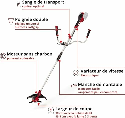 Description d'une débroussailleuse électrique avec caractéristiques en français.