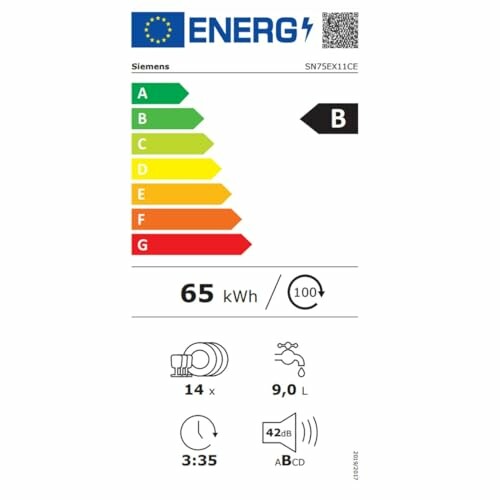Étiquette énergétique pour un lave-vaisselle montrant la classe B et la consommation d'énergie.