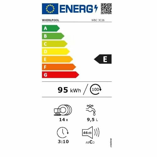 Étiquette énergétique pour lave-vaisselle Whirlpool, classe E.