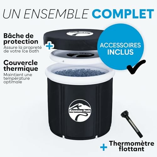 Ensemble complet avec bâche, couvercle thermique et thermomètre flottant.