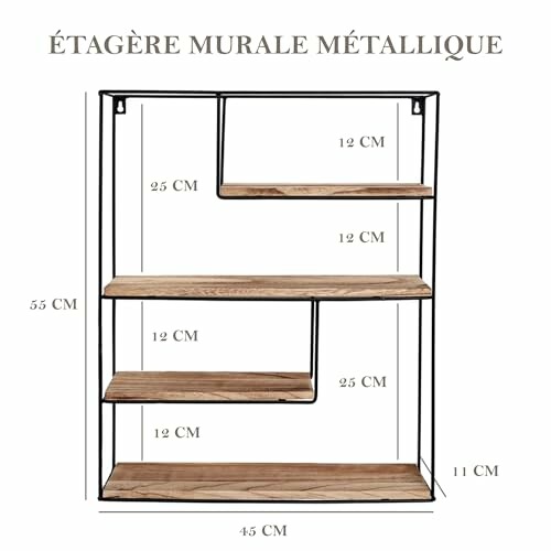 Étagère murale métallique avec dimensions en bois et métal.