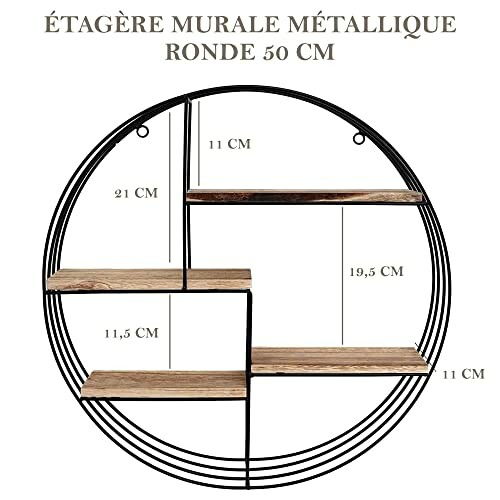 Étagère murale ronde en métal avec dimensions.