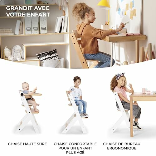 Chaise haute évolutive pour enfant, utilisation de bébé à écolier.