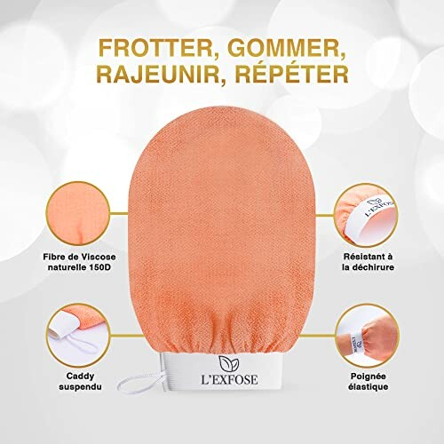 Gant exfoliant orange avec détails des caractéristiques.