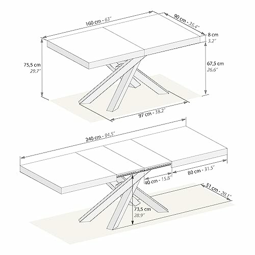 Schéma montrant les dimensions d'une table à manger extensible.