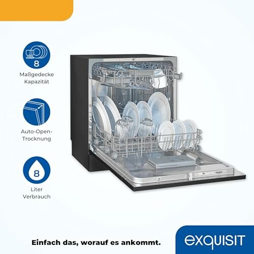 Lave-vaisselle avec vaisselle à l'intérieur et caractéristiques en surbrillance.