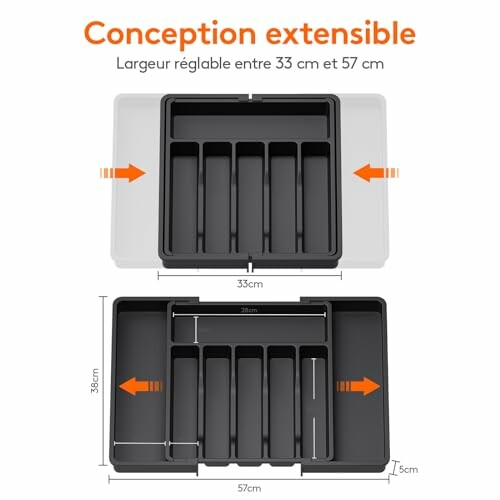 Plateau à couverts extensible avec dimensions ajustables.