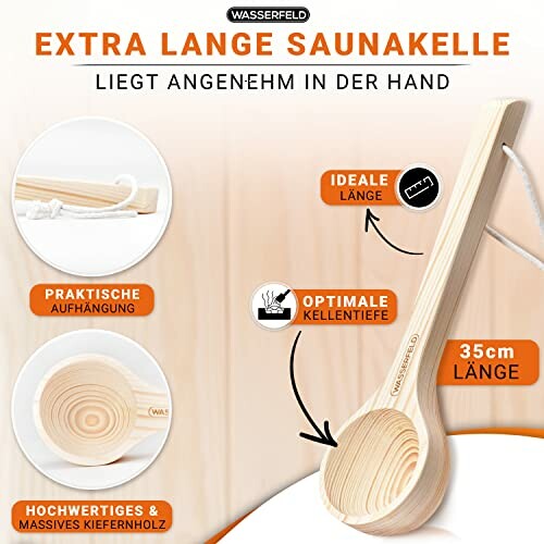Louche de sauna en bois avec poignée longue et profonde.