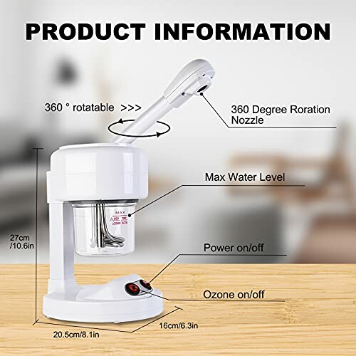 Vue d'un appareil vapeur facial avec informations de produit.