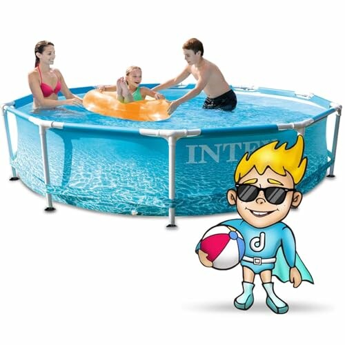 Famille avec enfants dans une piscine hors sol.