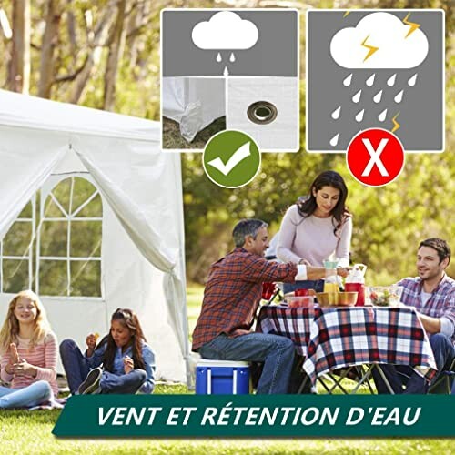 Famille profitant d'un pique-nique sous une tente étanche.