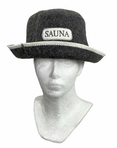 Chapeau de sauna en feutre gris sur un mannequin.