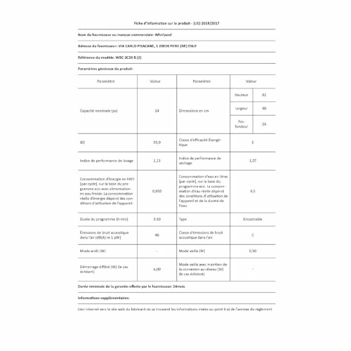 Fiche d'information sur le produit avec détails techniques
