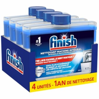 Paquet de nettoyant pour lave-vaisselle Finish avec quatre unités.