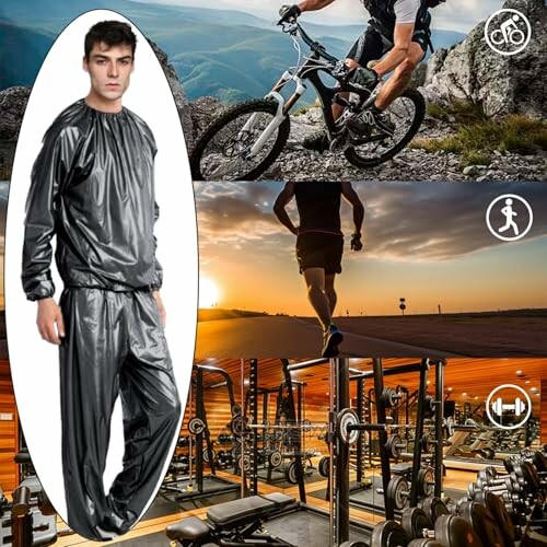 Collage d'images de fitness avec cyclisme, course à pied, gymnase et tenue de sport.